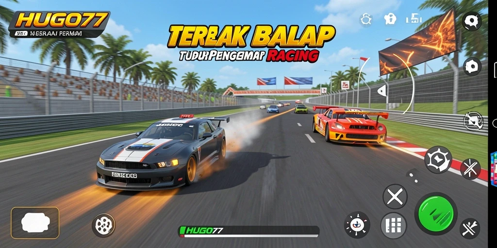 Gameplay HUGO77 menampilkan mobil balap di trek yang menantang dan grafis menakjubkan.
