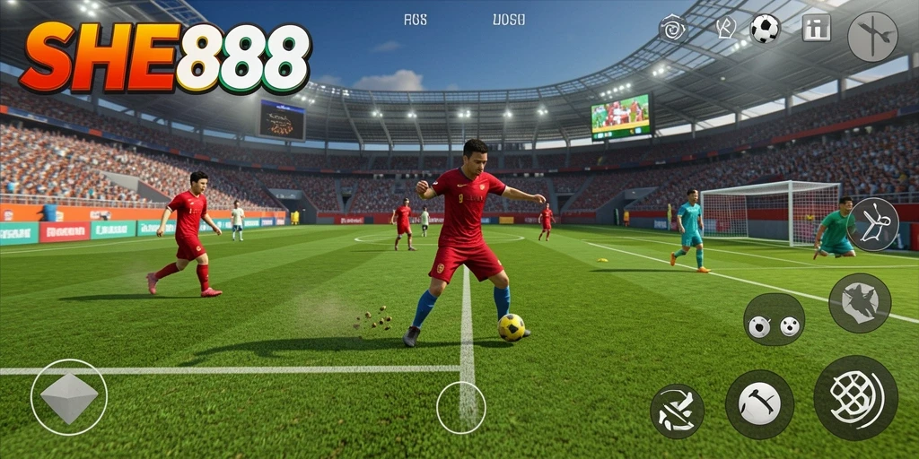 Tangkapan layar utama SHE888 menunjukkan aksi menghadapi lawan di lapangan sepak bola.
